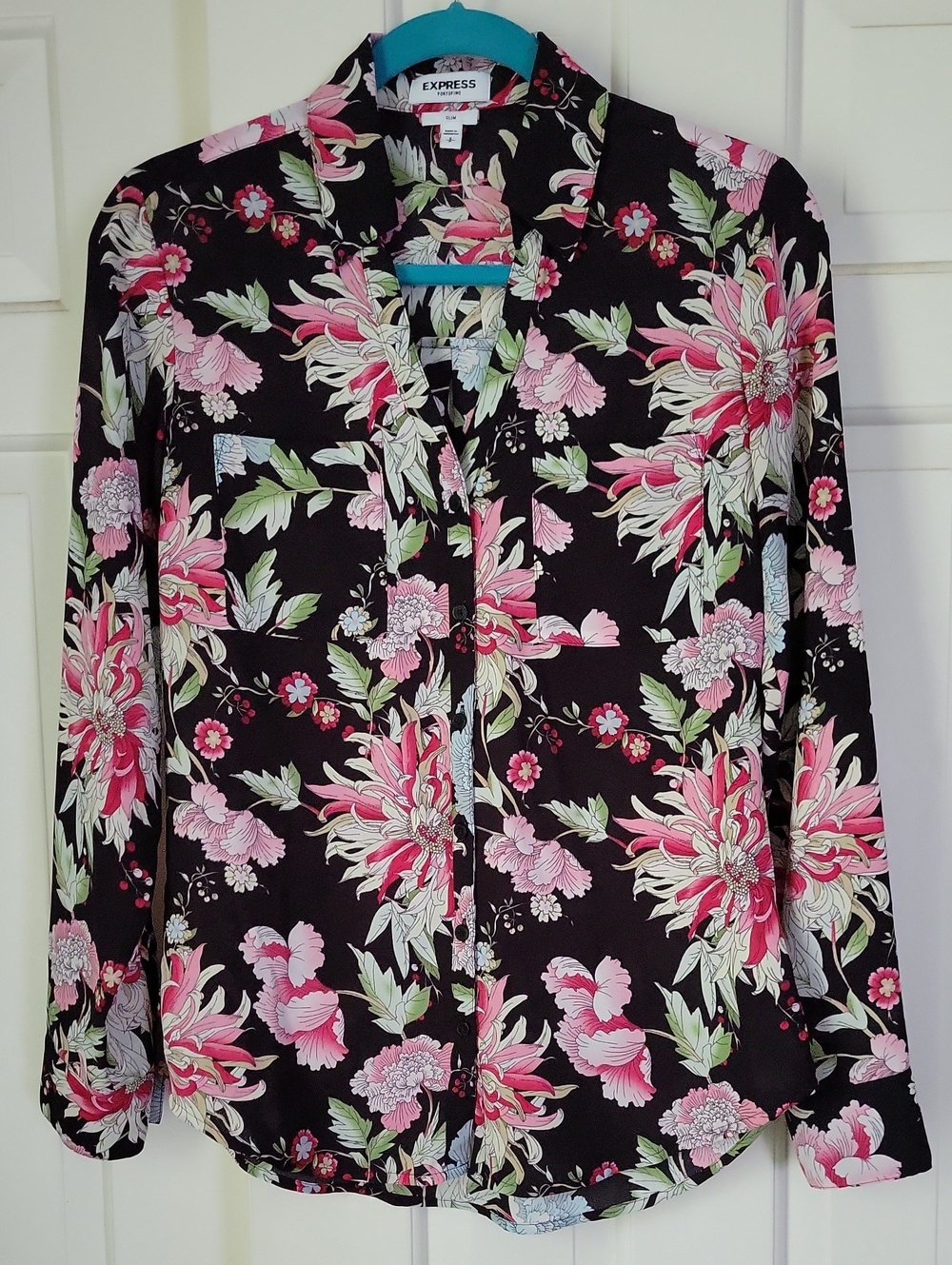 Express Portofino Black Button-Down Long Sleeve Top Pink Floral Print Sz S Slim